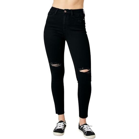 Judy Blue High Rise Distressed Raw Hem Skinny Fit‎ Black Jeans Women's Size 1/25 - Picture 1 of 11